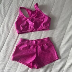 Fuchsia Kids Gymnastics Sports Bra and Shorts Set With Rhinestones